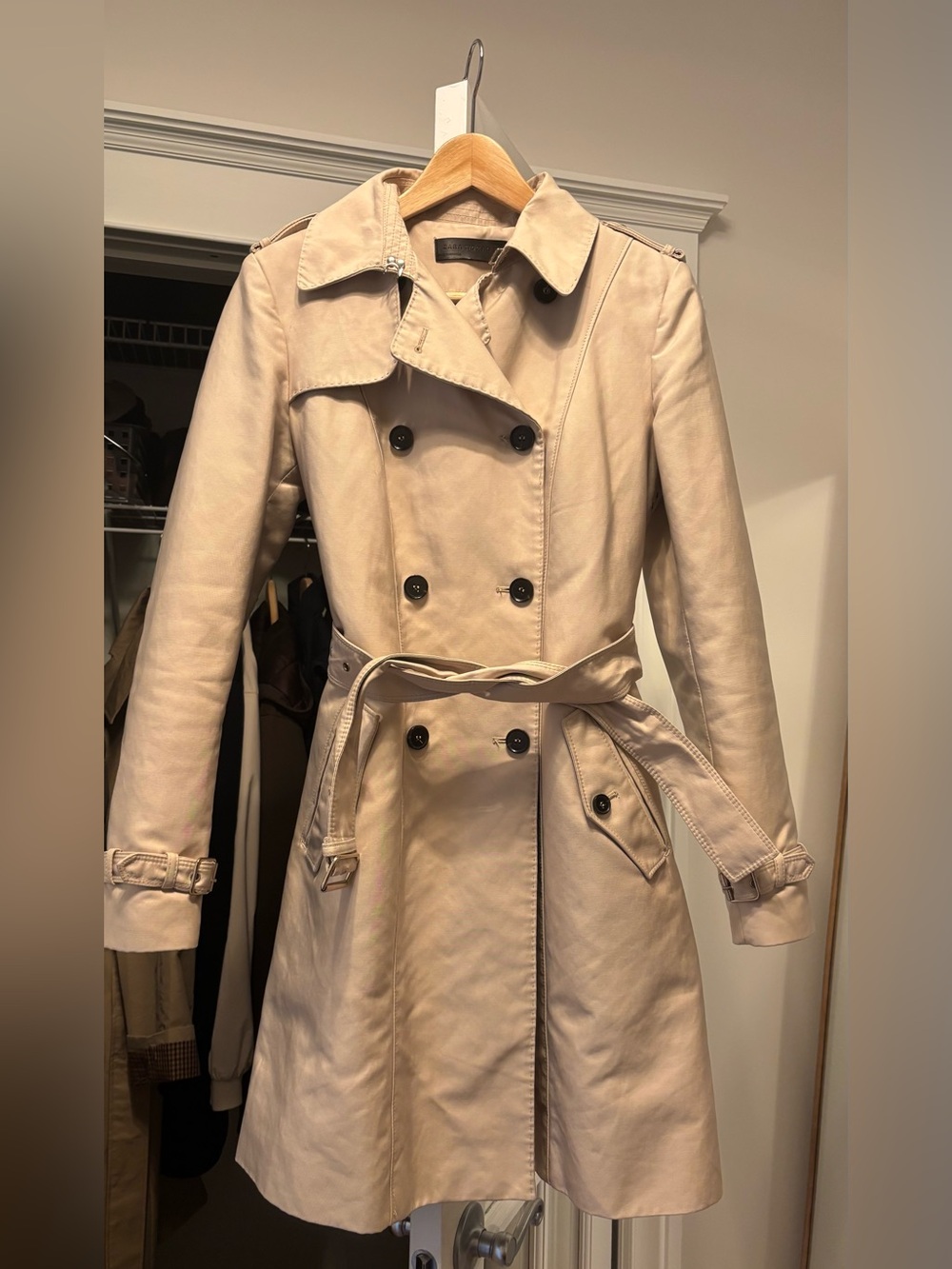 Zara Beige Double-Breasted Trench Coat with Waist Belt